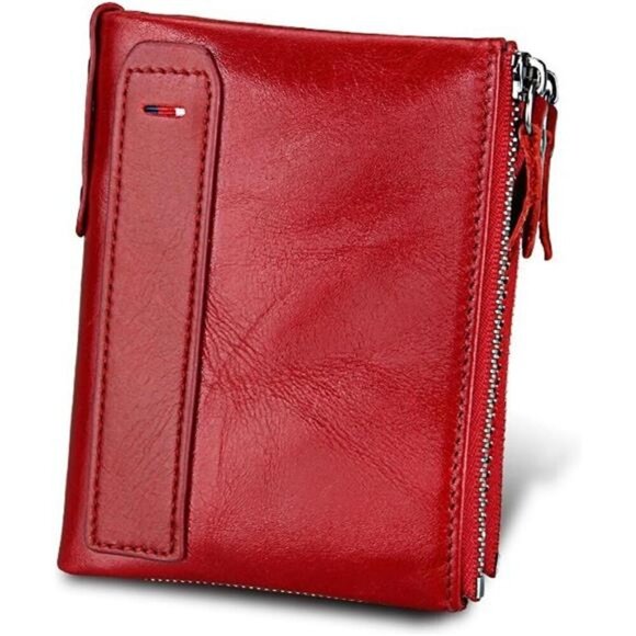 Leather Bifold Compact Card Holder Red - Picture 1 of 7